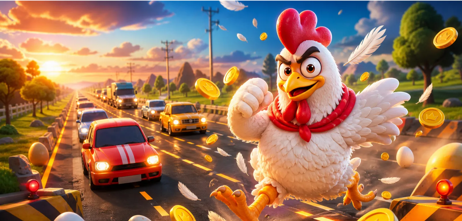 3D chicken crossing busy road with cars, eggs, and coins in arcade setting
