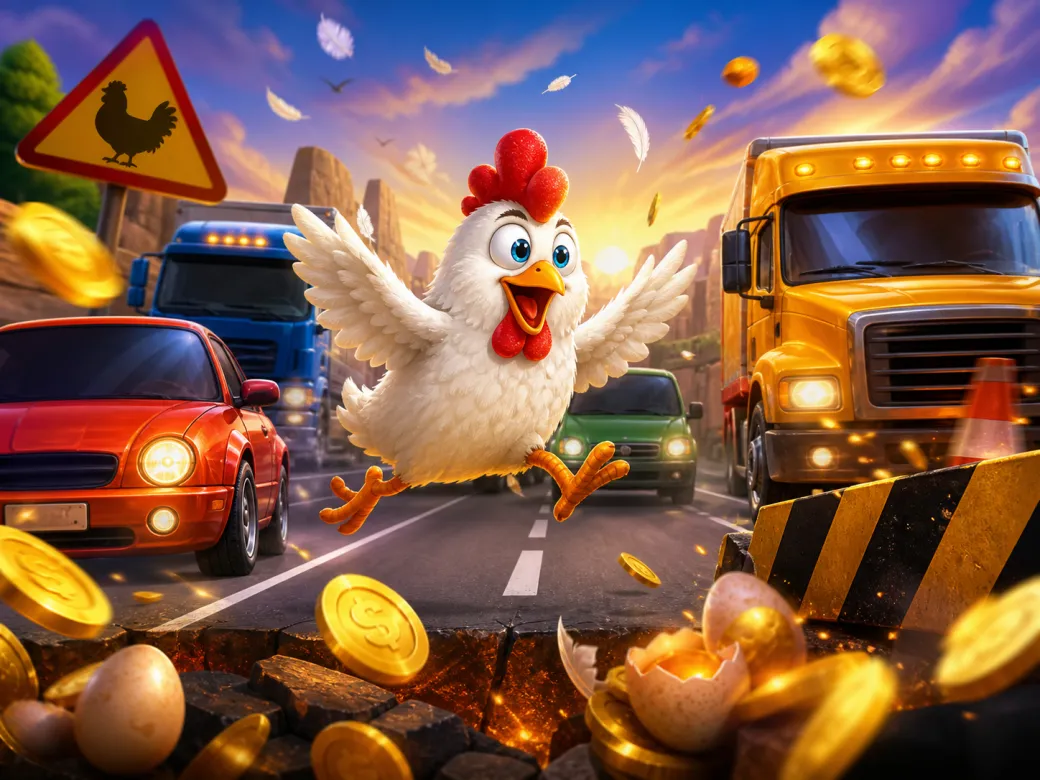 Funny chicken character navigating a busy road with feathers, eggs, and playful danger in a slot game setting.