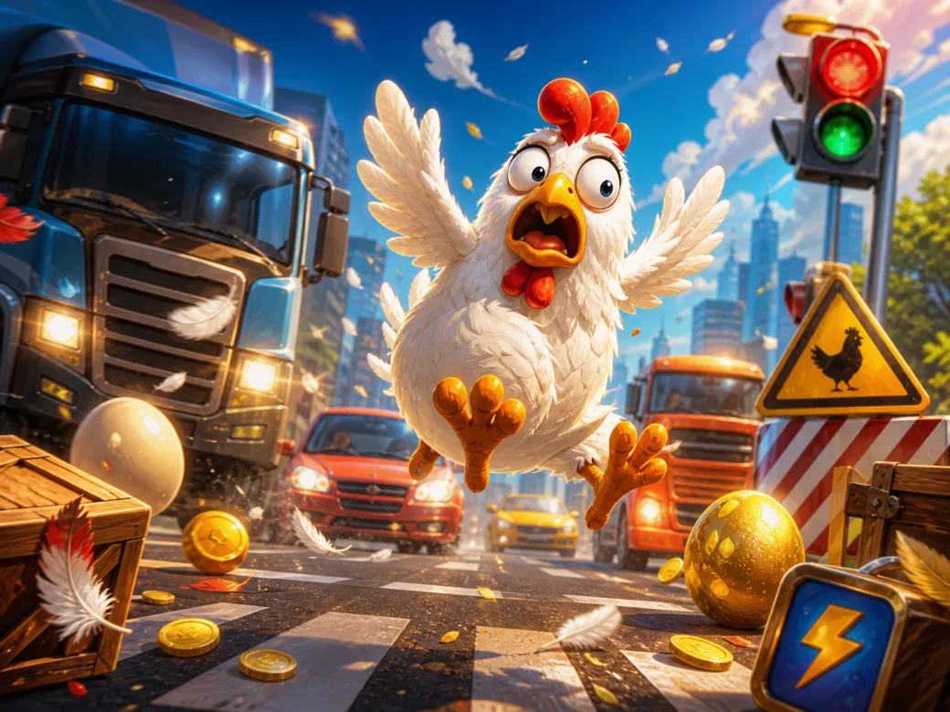 Colorful artwork of a cartoon chicken navigating a busy road with feathers and traffic in a playful casino game theme.