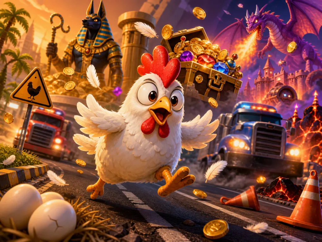 Funny chicken character crossing a road with traffic lanes and feathers flying, capturing the playful energy of Chicken Road 
